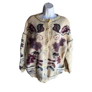 Norm Thompson Women Vintage Cream Floral Knit Button Front Cardigan W/Pocket XL